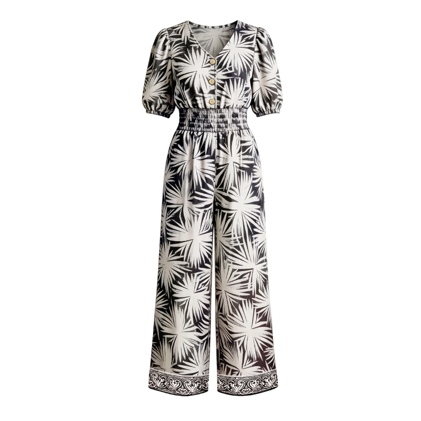 Black Palm Puff Sleeve Wide Leg Jumpsuit