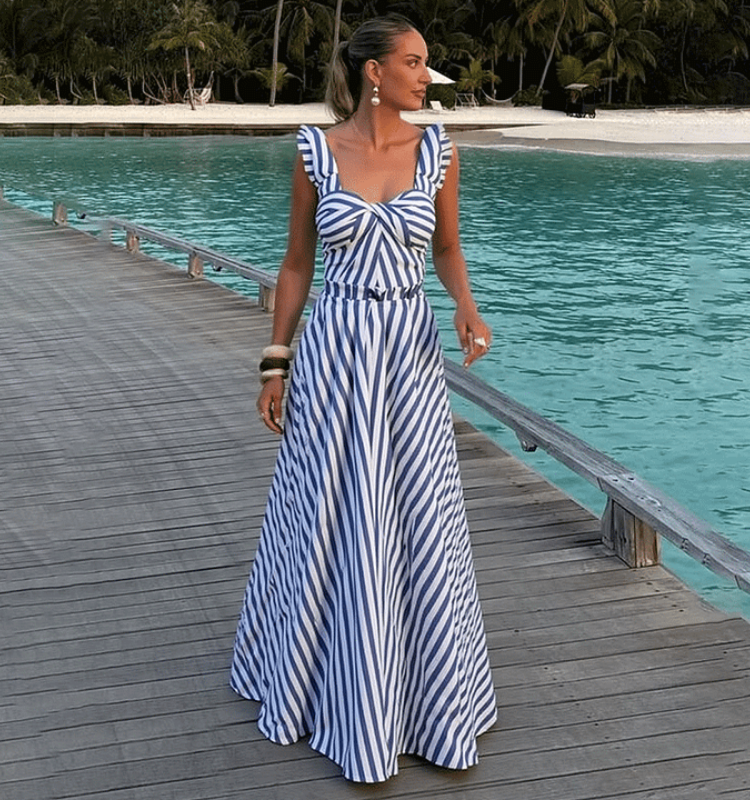 Ruffle Striped Print One Piece Swimsuit and Skirt