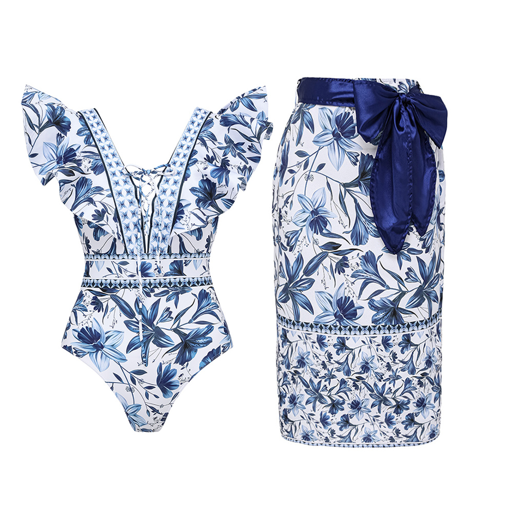 V Neck Ruffle Lace Up Printed One Piece Swimsuit and Skirt