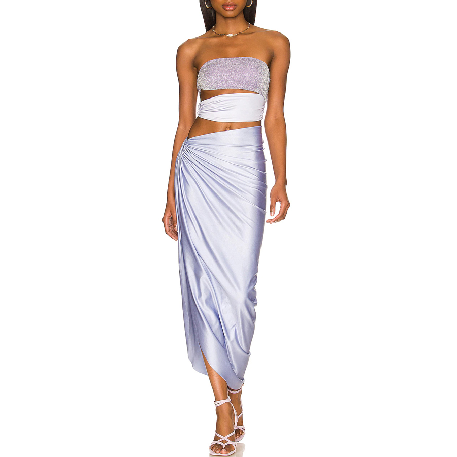 Pearl Shoulder Strap Cutout Shiny Texture One Piece Swimsuit and Skirt