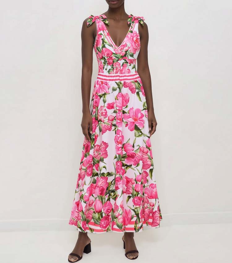 Tie Shoulder Shirring Flower Print One Piece Swimsuit and Skirt