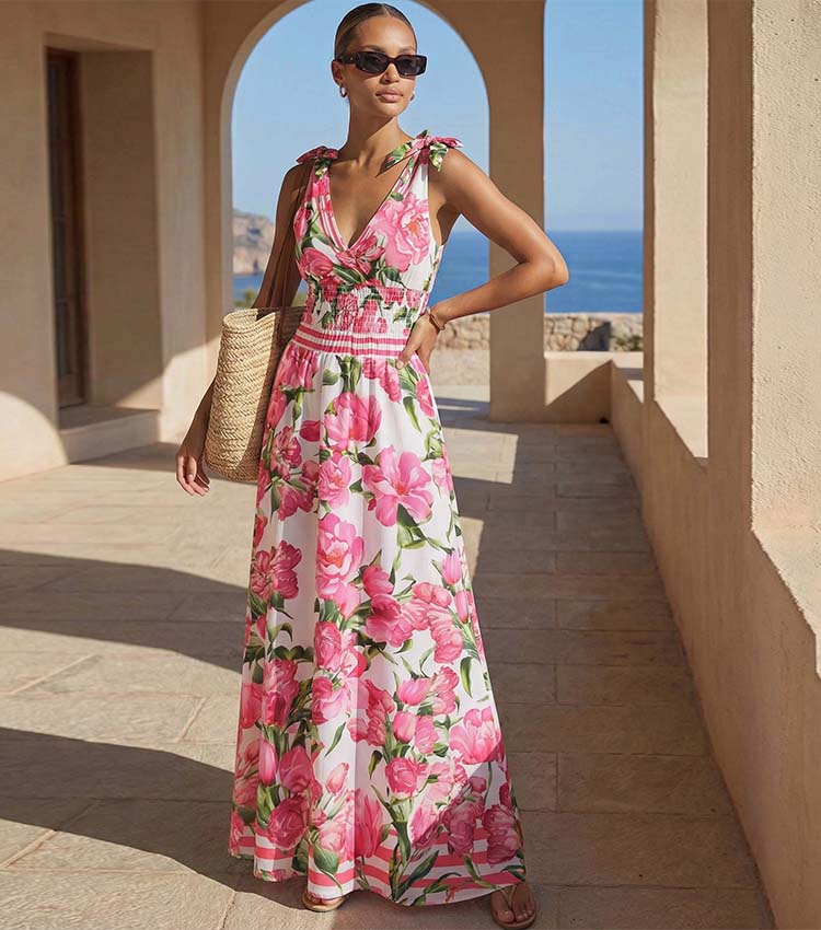 Tie Shoulder Shirring Flower Print One Piece Swimsuit and Skirt