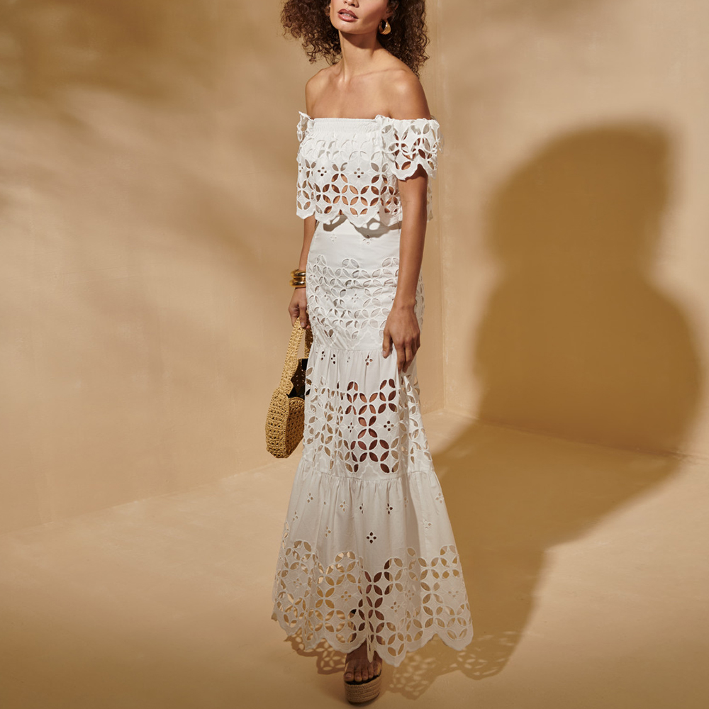 White Laser Hollowing Bikini Swimsuit and Skirt