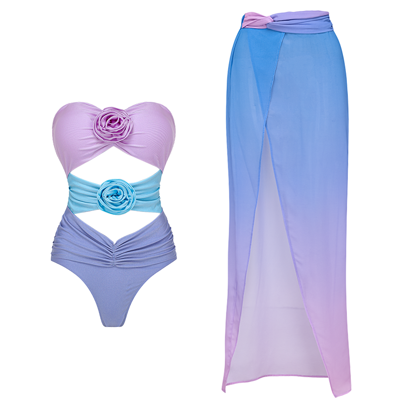 Color Block One Piece Swimsuit and Sarong