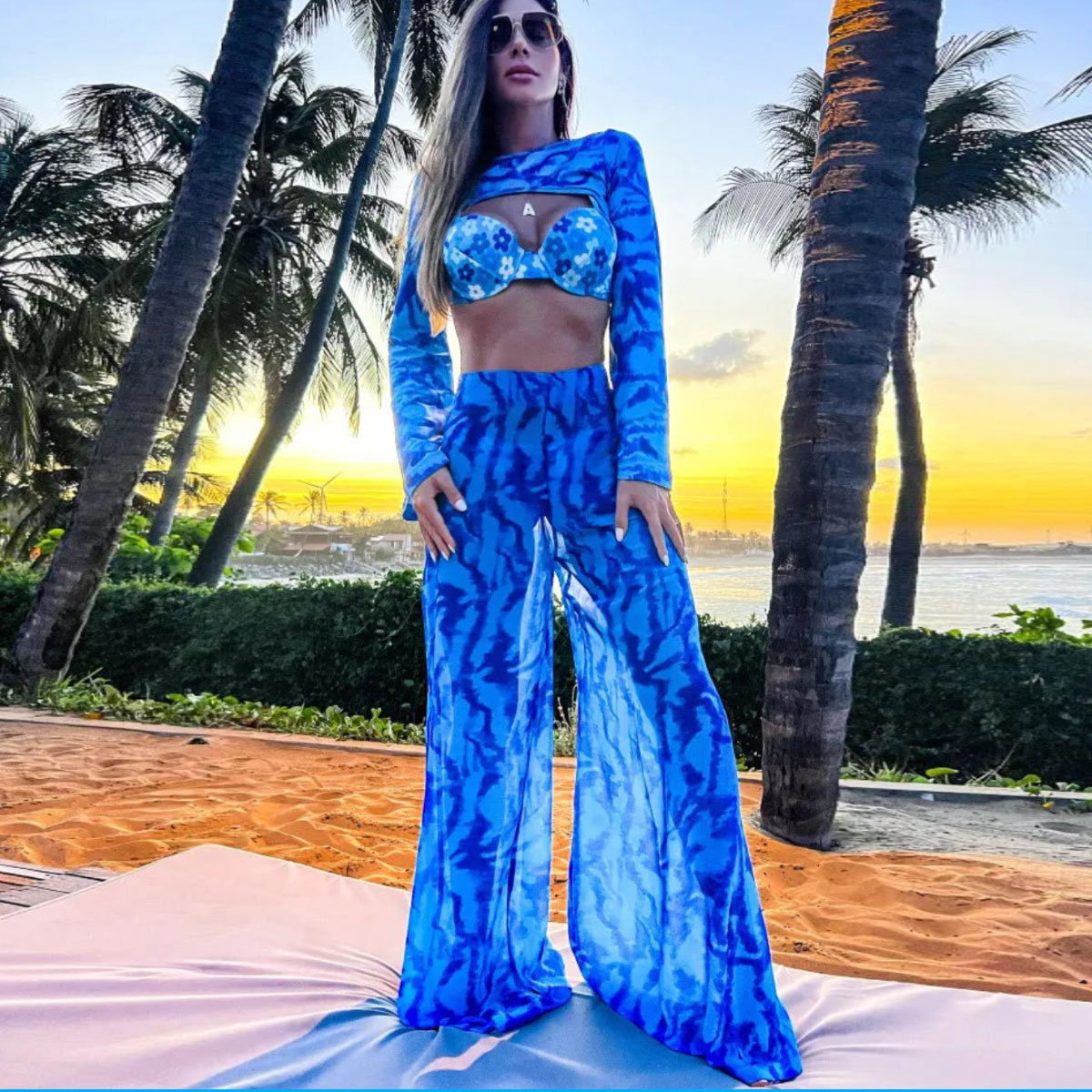 Long Sleeve  Floral Print Bikini Swimsuit and Pants