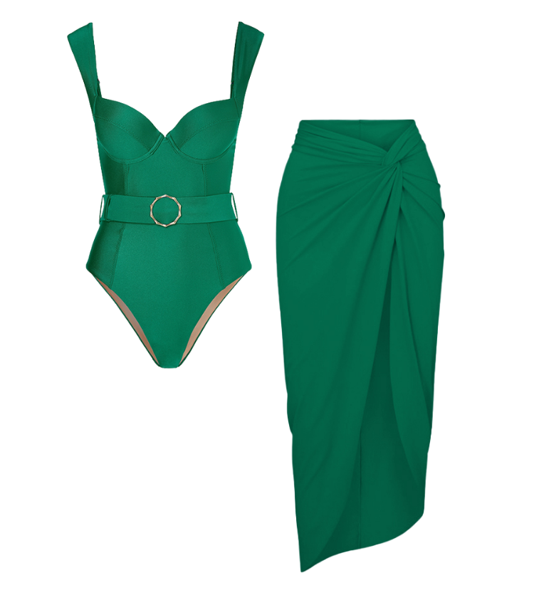 Vintage Green Belt One Piece Swimsuit and Sarong Flaxmaker