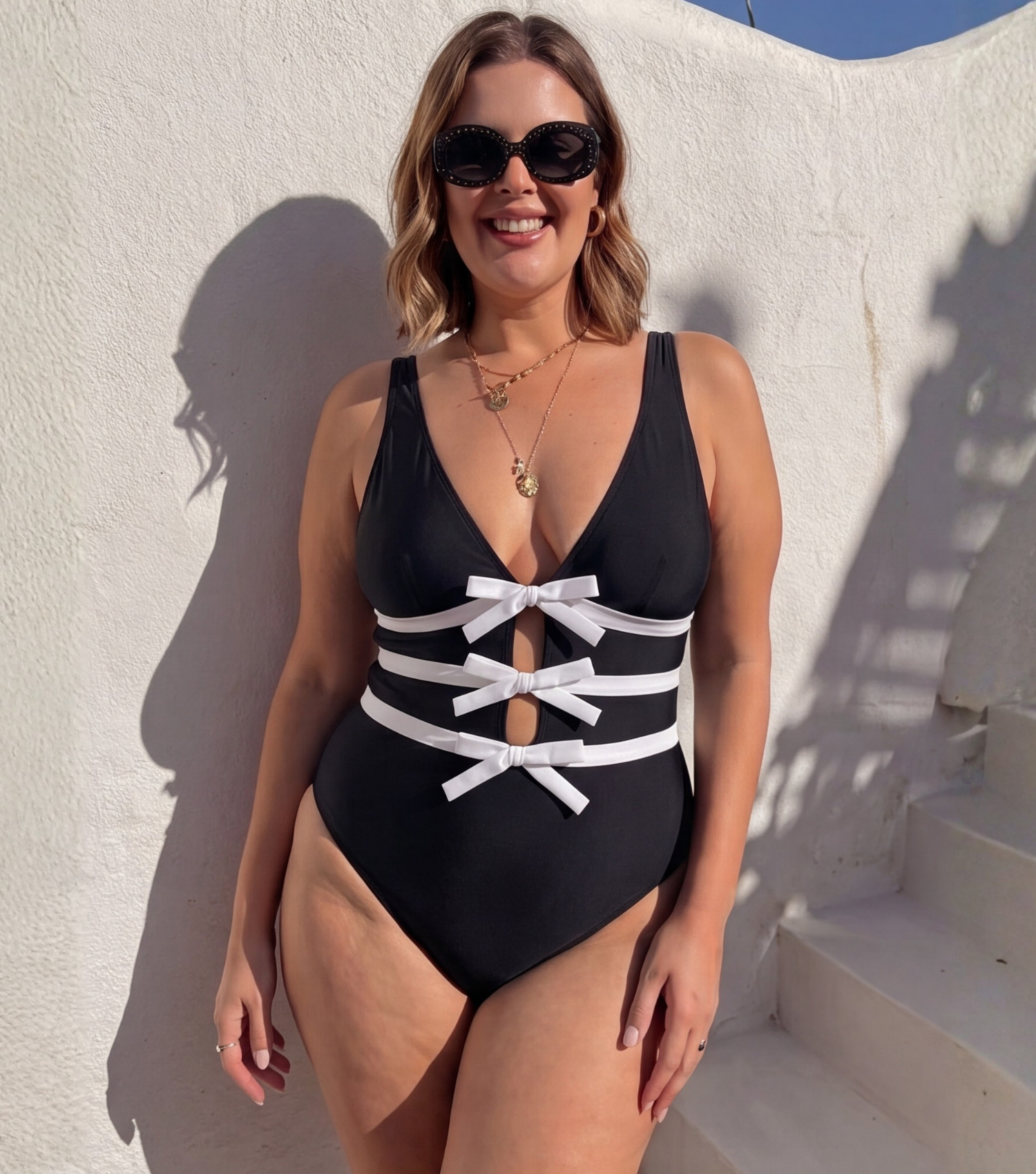 Plus Size Bowknot Decor Black One Piece Swimsuit and Skirt