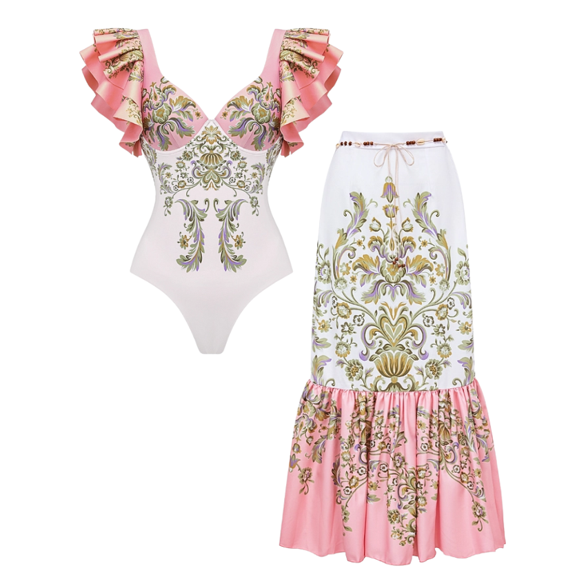 Retro Court Color Contrast Ruffles One Piece Swimsuit and Skirt Flaxmaker