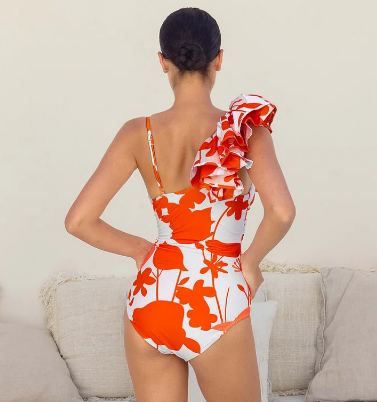 One Shoulder Ruffle Printed One Piece Swimsuit and Skirt