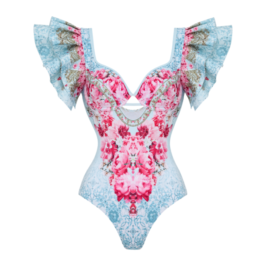 Ruffled Blue Blooming Flowers Print One Piece Swimsuit and Skirt