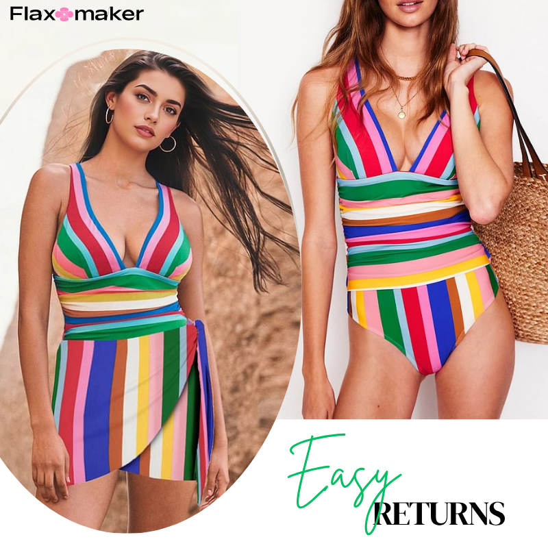 Colorful Stripe Print V-neck One Piece Swimsuit and Skirt