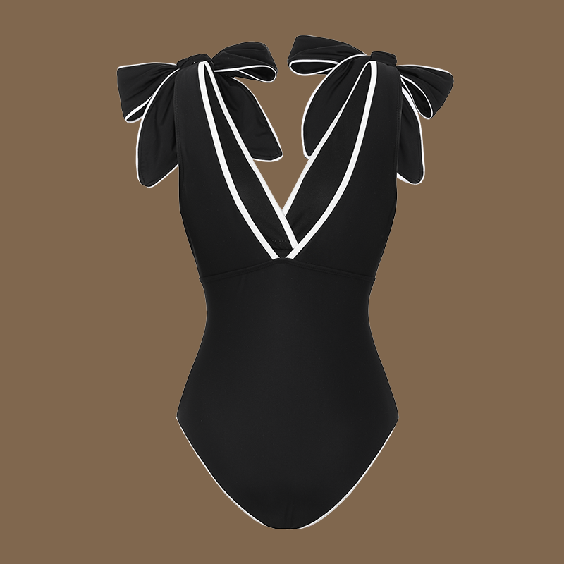 Plus Size Black and White Bowknot Shoulder One Piece Swimsuit and Skirt