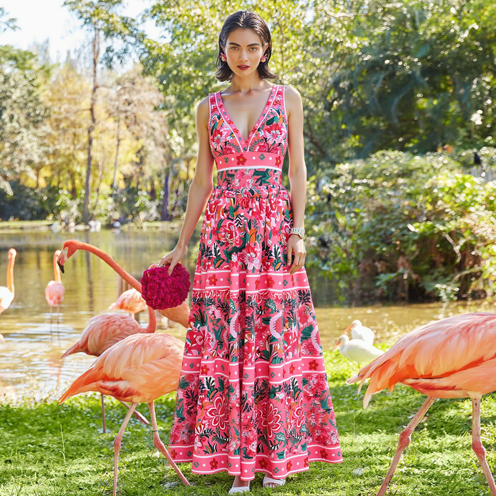 Pink Floral Paradise Print V-neck One Piece Swimsuit and Skirt