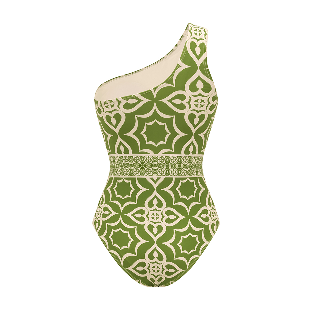 One Shoulder Retro Print One Piece Swimsuit and Skirt