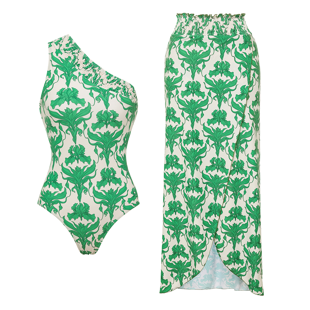 One Shoulder Shirring Iris Print One Piece Swimsuit and Skirt