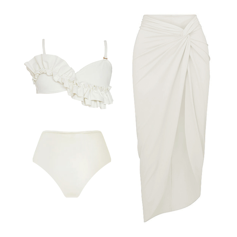 Ruffled Detail White High Waist Bikini Swimsuit and Sarong Flaxmaker