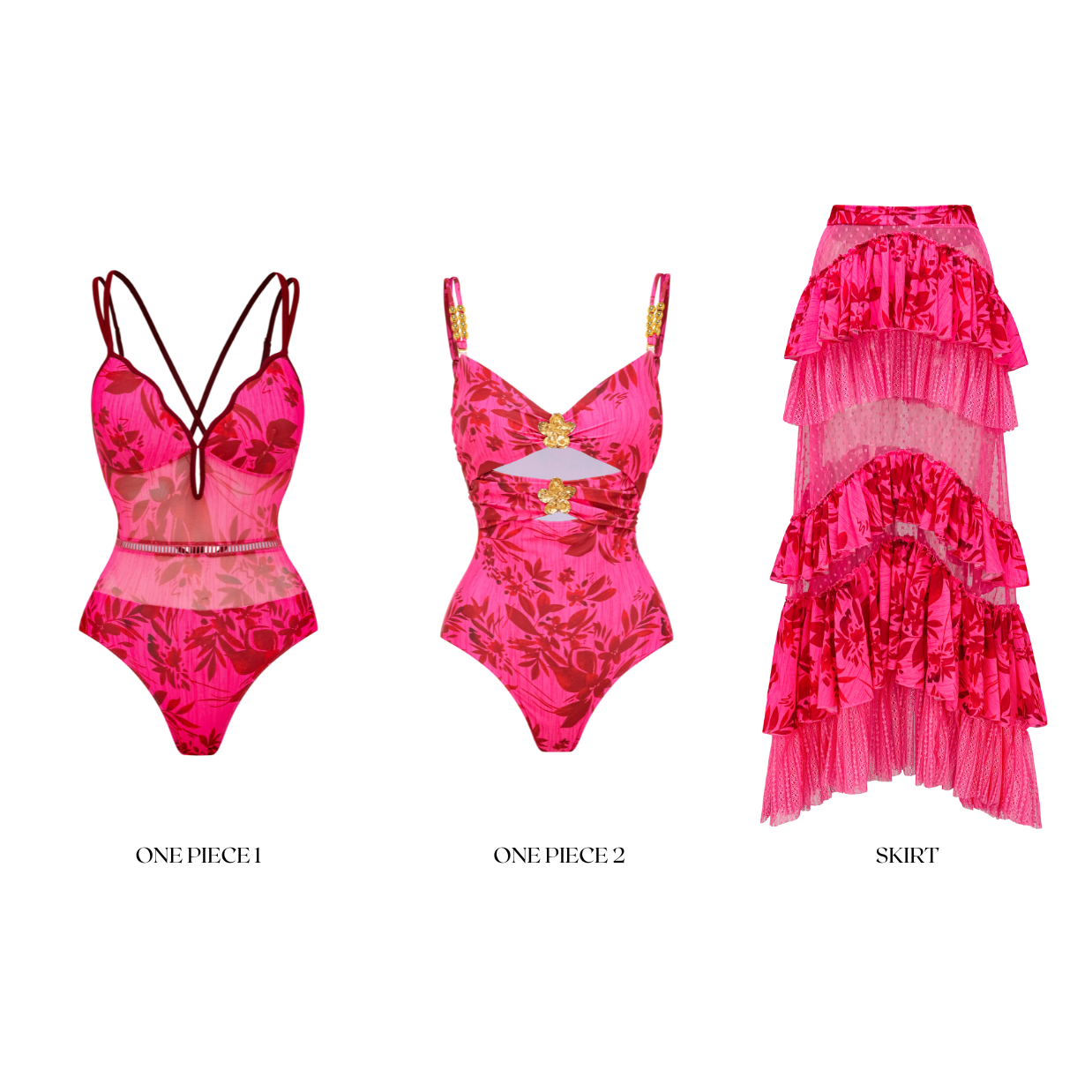 Rose Red Flower Print Net Yarn Splicing One Piece Swimsuit and Tiered Skirt