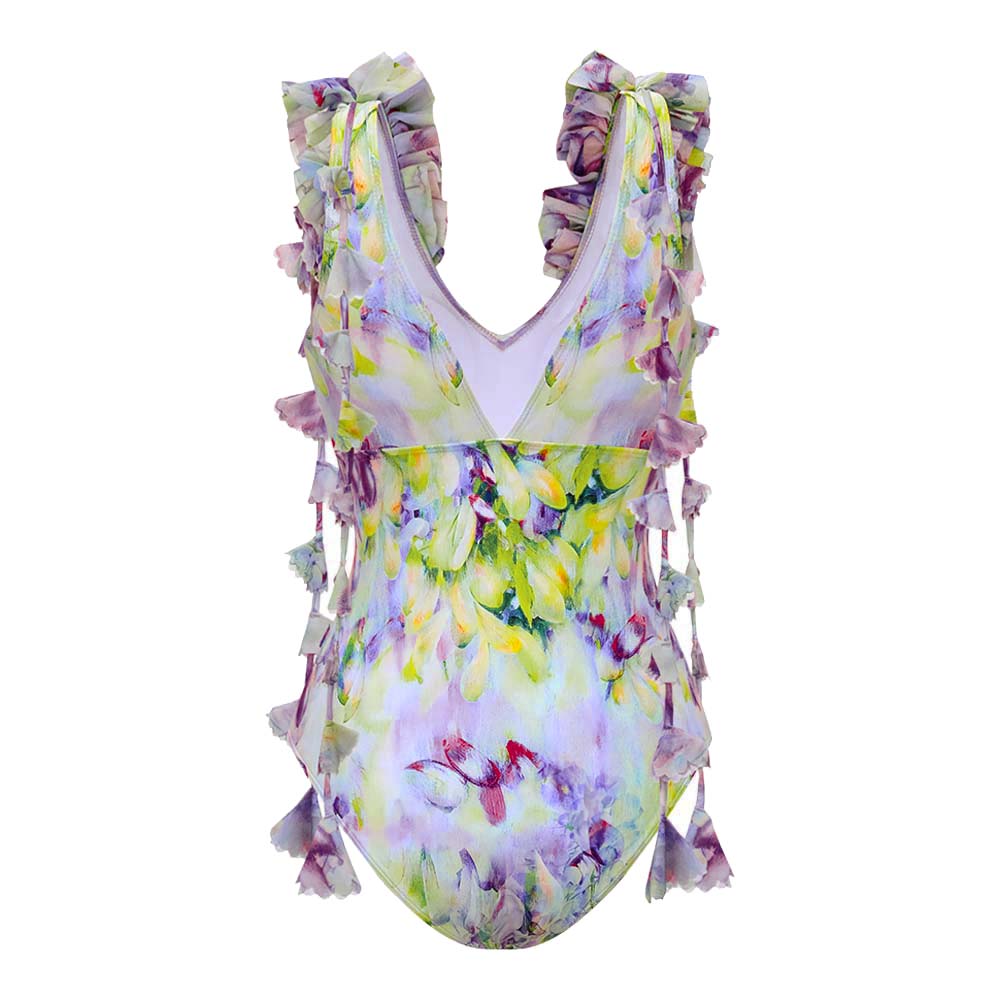 Gradient Flowers Printed One Piece Swimsuit and Skirt