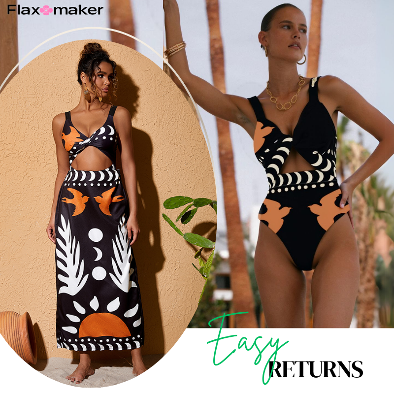 Retro Print Cutout One Piece Swimsuit and Skirt Flaxmaker