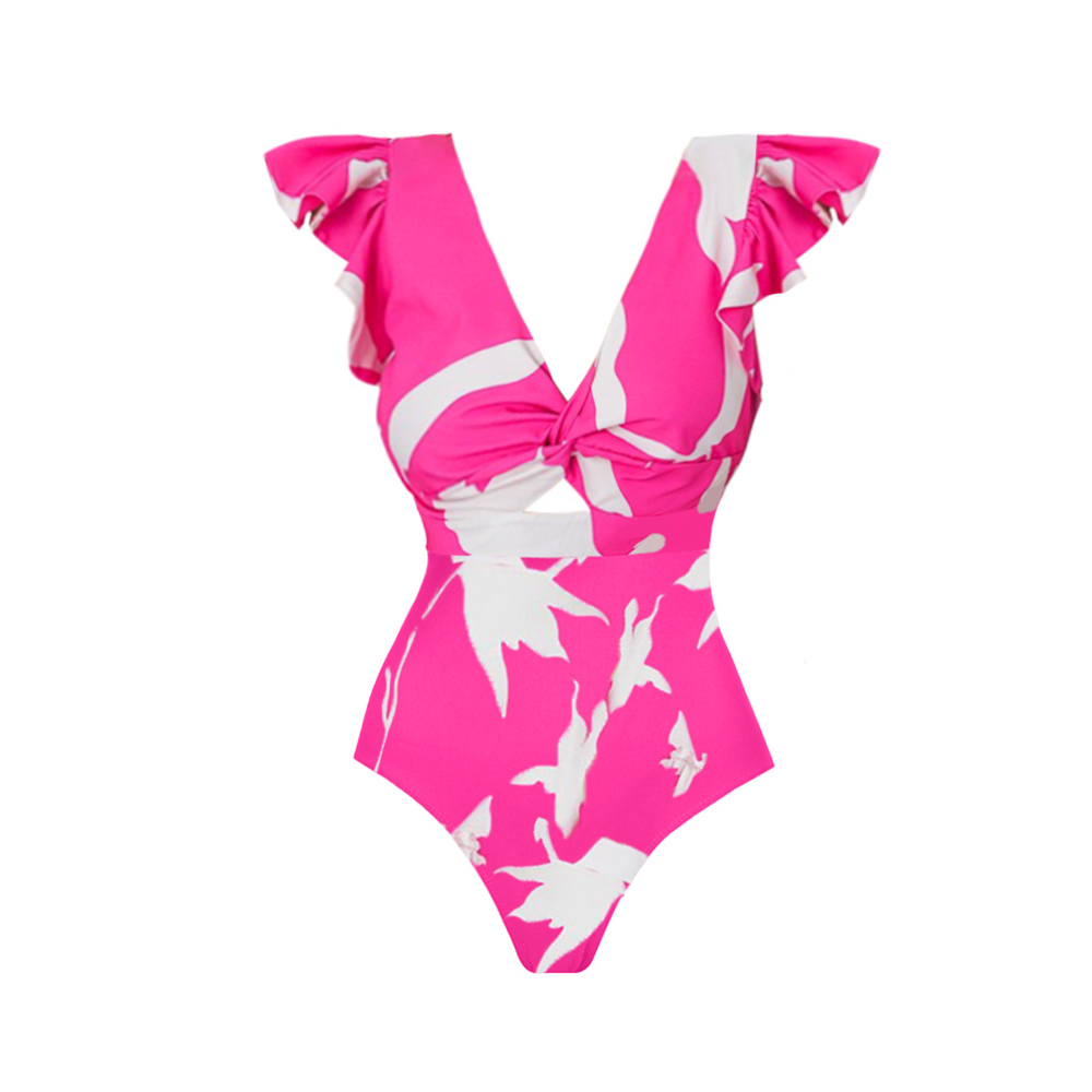 V Neck Ruffle Printed One Piece Swimsuit and Skirt