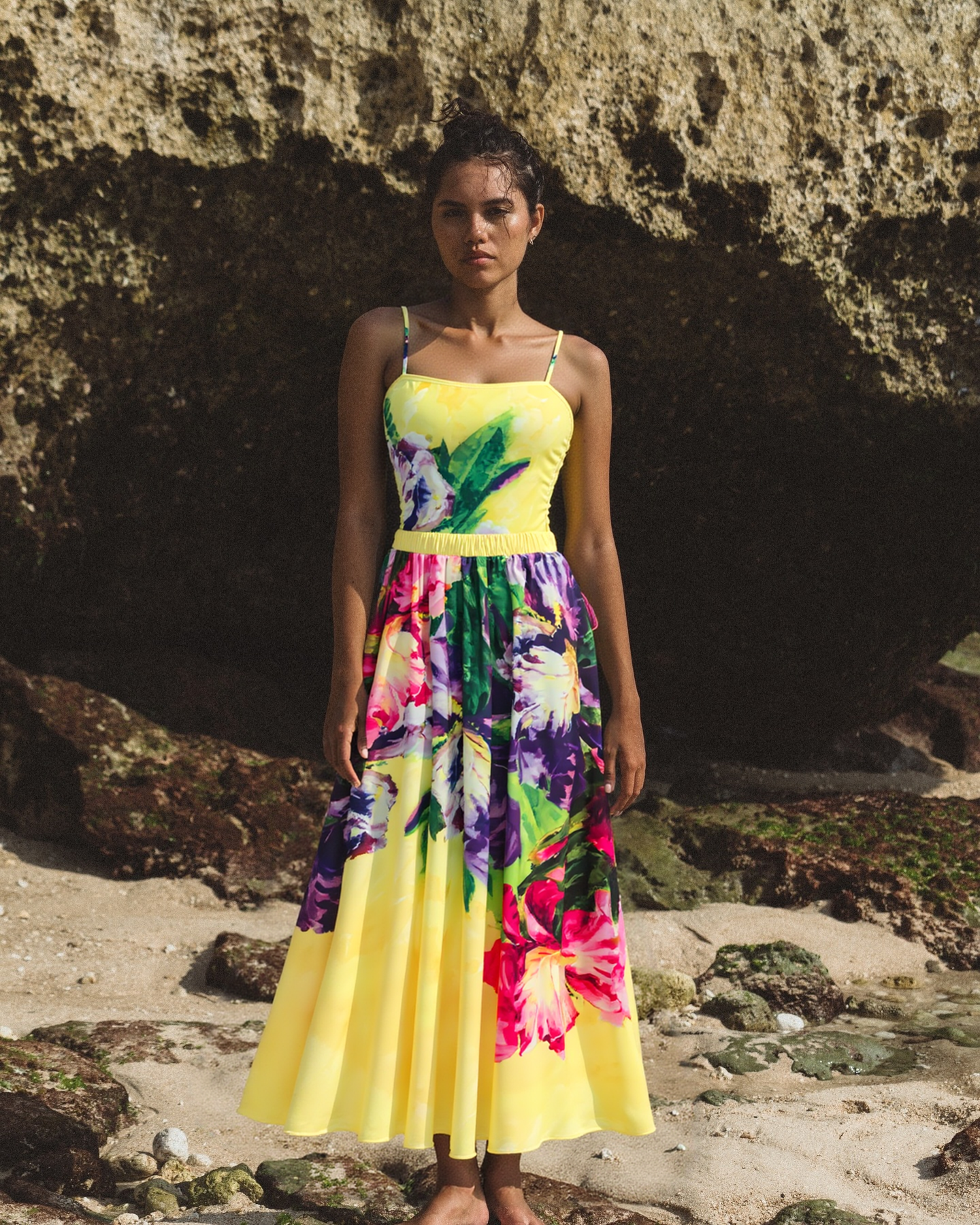 Yellow Oil Painting Flower Print Swimsuit and Sarong