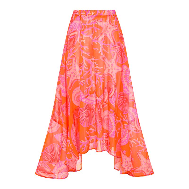 Long-sleeved V Neck Marine Plant Pattern Print One Piece Swimsuit and Skirt