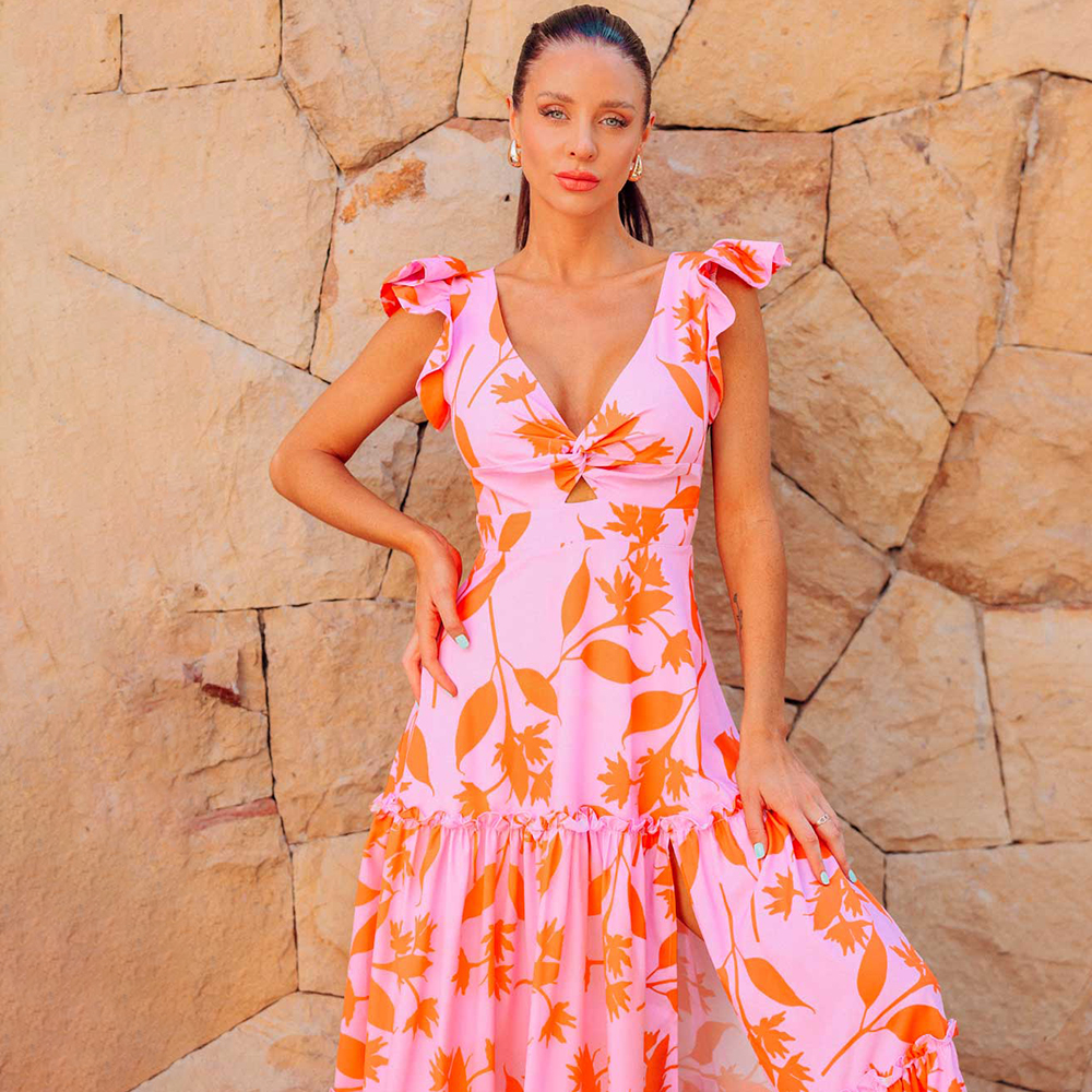 V-neck Orange Leaf Printed One Piece Swimsuit and Skirt