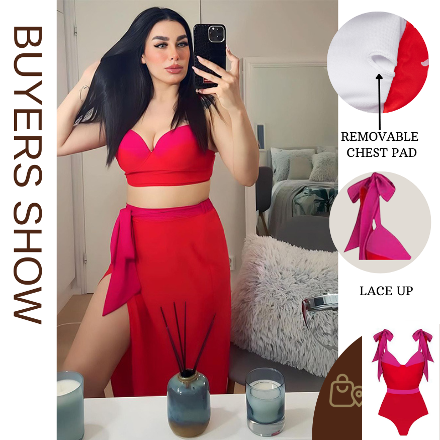 Tie-shoulder Underwired Color Block One Piece Swimsuit and Skirt Flaxmaker