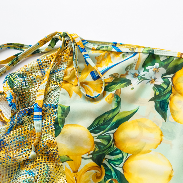 Lemon Print Ruffle Strap Bikini Swimsuit and Mesh Splicing Sarong Flaxmaker