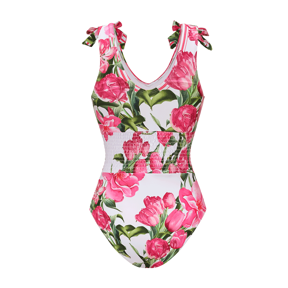 Tie Shoulder Shirring Flower Print One Piece Swimsuit and Skirt