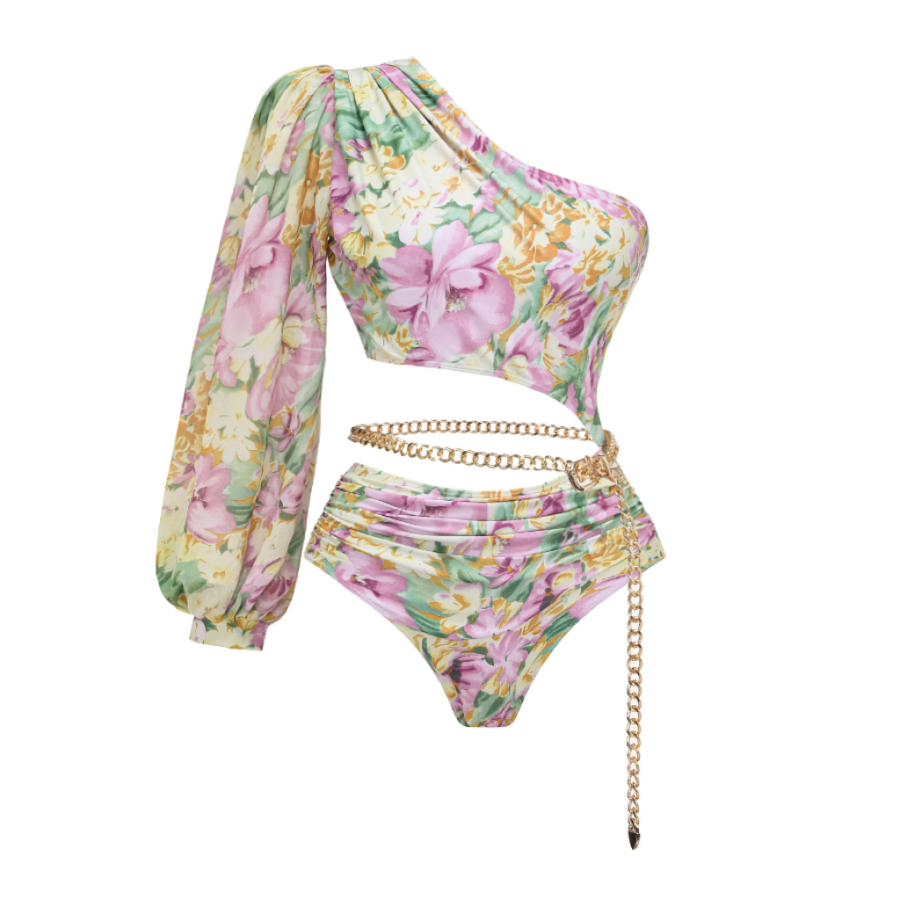 One Shoulder Cut out Blossom Printed One Piece Swimsuit and skirt Flaxmaker
