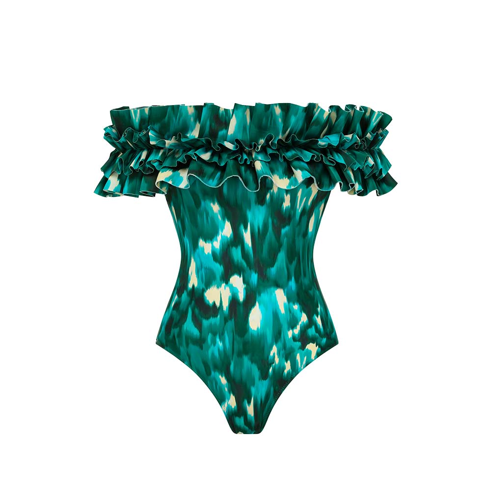 Bandeau Ruffled Green Blooming Print One Piece Swimsuit and Mesh Splicing Sarong