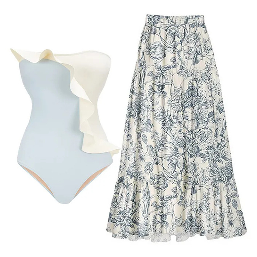 Off Shoulder Color Block Ruffle Decor One Piece Swimsuit and Skirt Flaxmaker