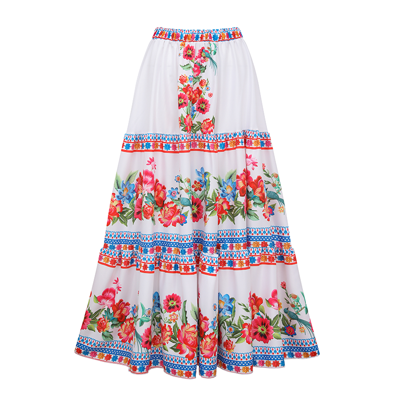 V Neck Ruffle Shoulder Embroidery Pattern Printed  One Piece Swimsuit and Skirt Flaxmaker