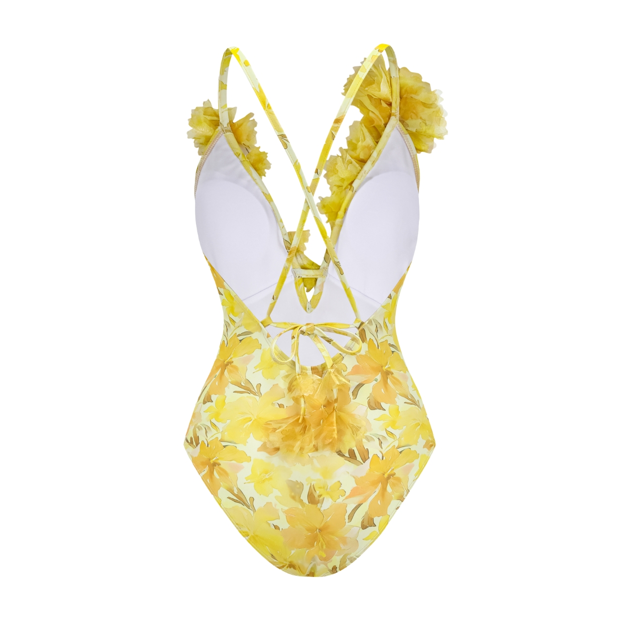 Appliques Yellow Lily Floral Print One Piece Swimsuit and Sarong