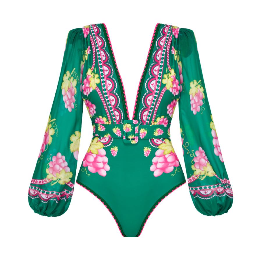 Long-sleeved Retro Green Grapes Print One Piece Swimsuit and Skirt