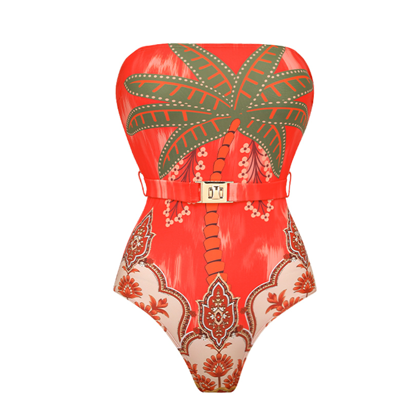 Off Shoulder Coconut Palm Print One Piece Swimsuit With Belt and Skirt