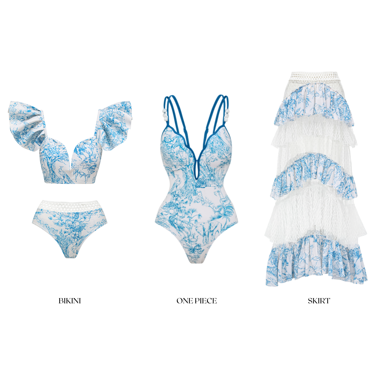 Ruy Print Net Yarn Splicing Bikini Swimsuit and Tiered Skirt