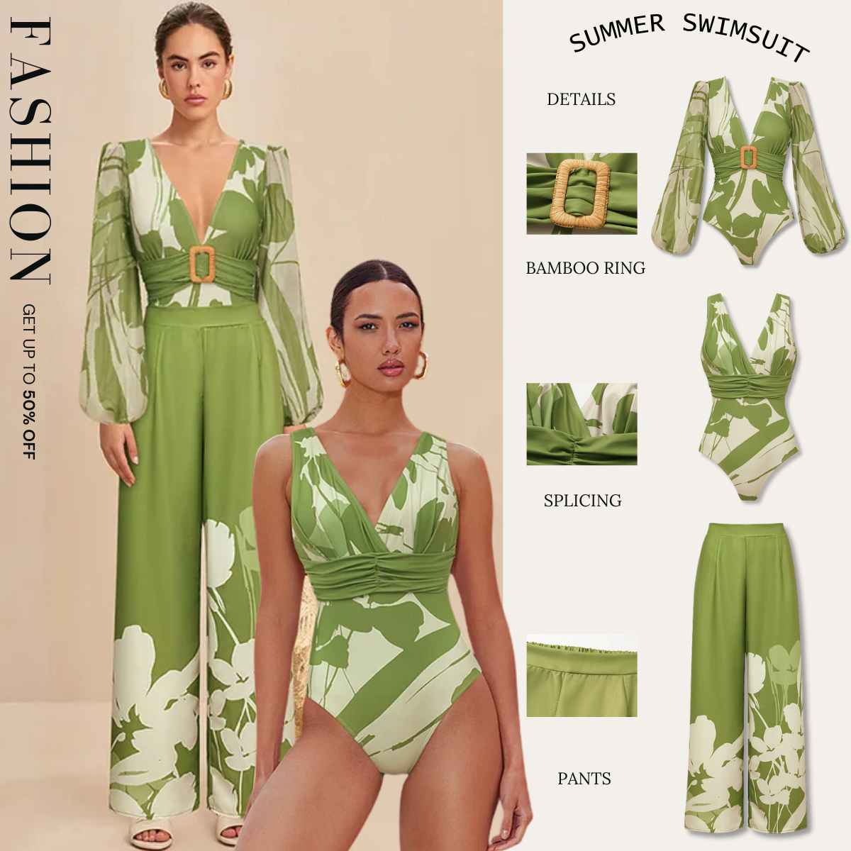 V Neck Long Sleeve Flower Print One Piece Swimsuit and Pants