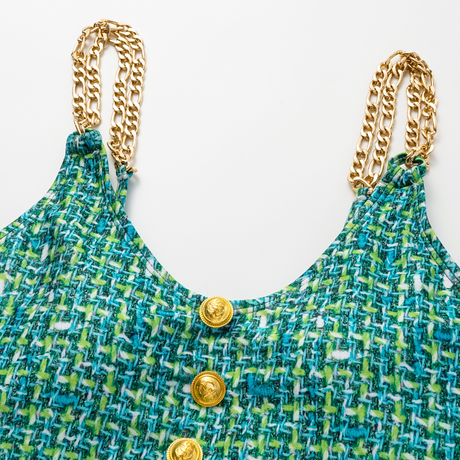 Tweed Print Metal Buckle One Piece Swimsuit and Skirt