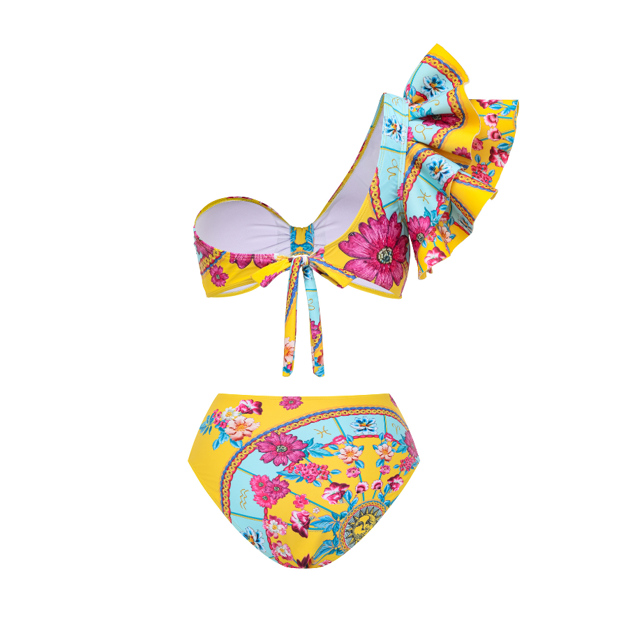 Constellation Flower Print Ruffled Bikini Swimsuit and Sarong