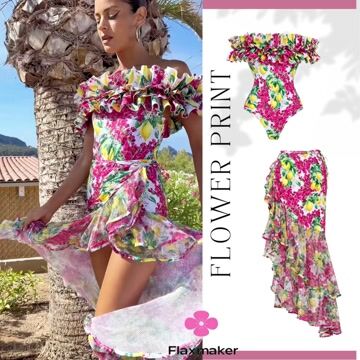 Bandeau Ruffled Lemon Floral Print One Piece Swimsuit and Mesh Splicing Sarong