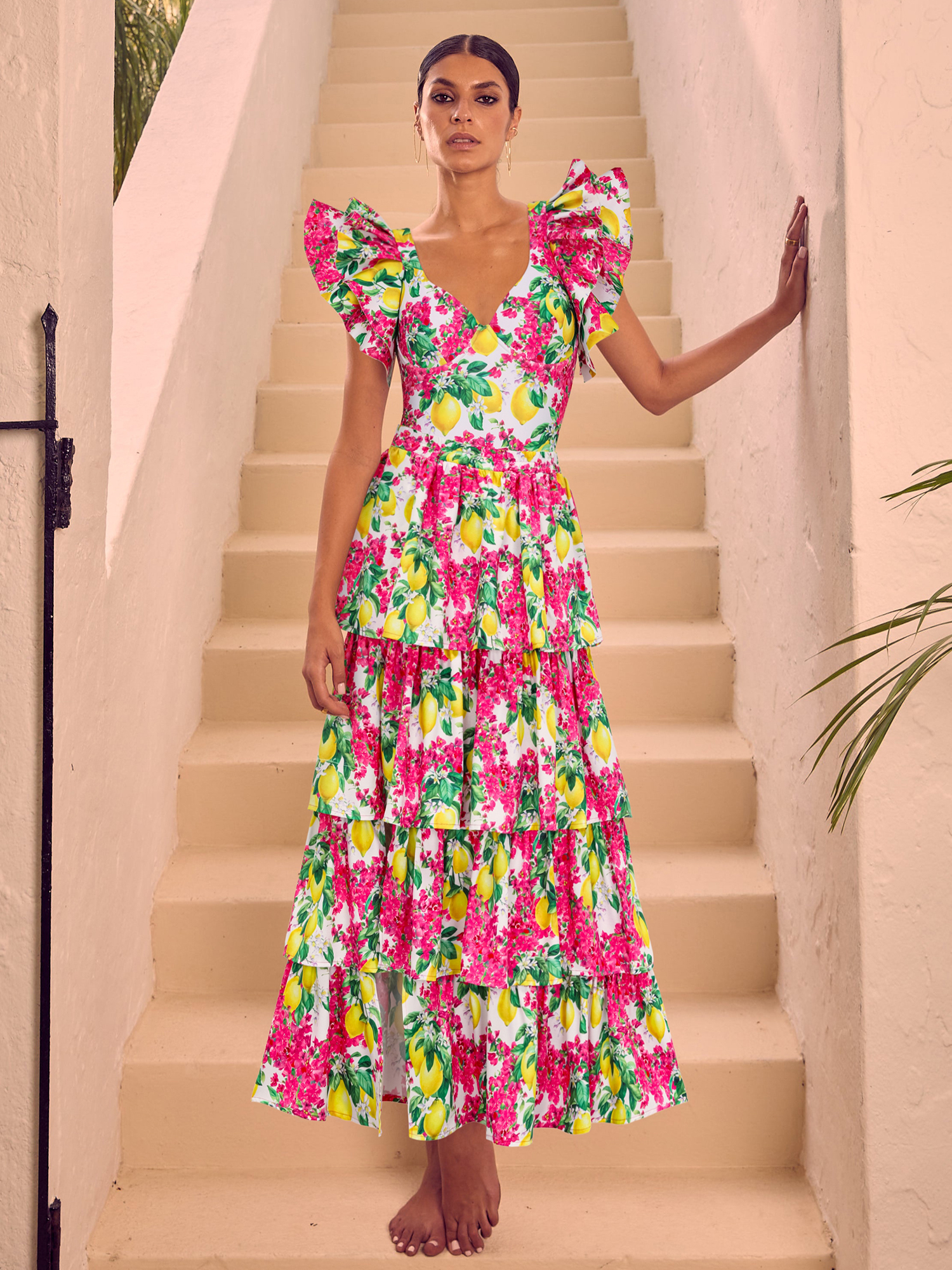 Ruffled Lemon Floral Print One Piece Swimsuit and Tiered Skirt