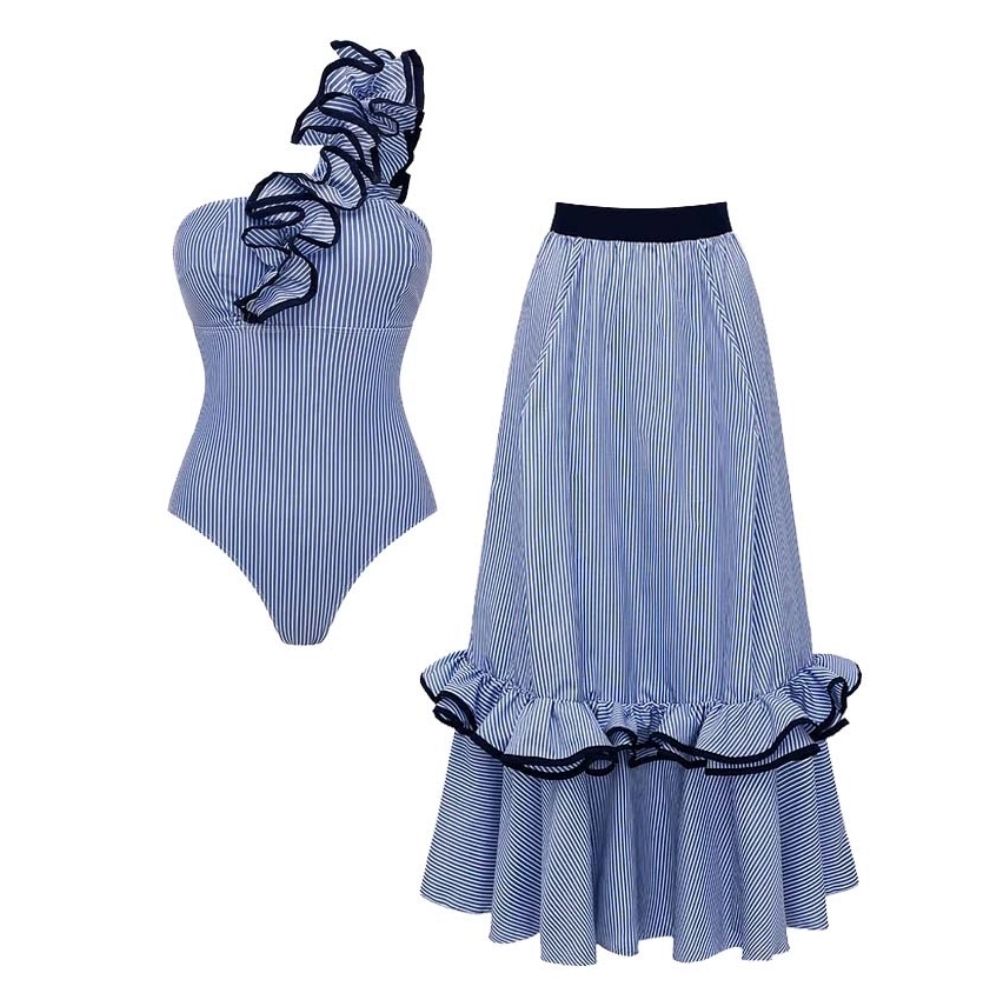 One Shoulder Ruffle Stripe Print One Piece Swimsuit and Skirt