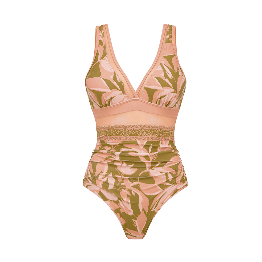 V Neck Mesh Splicing Print Swimsuit Set(s)