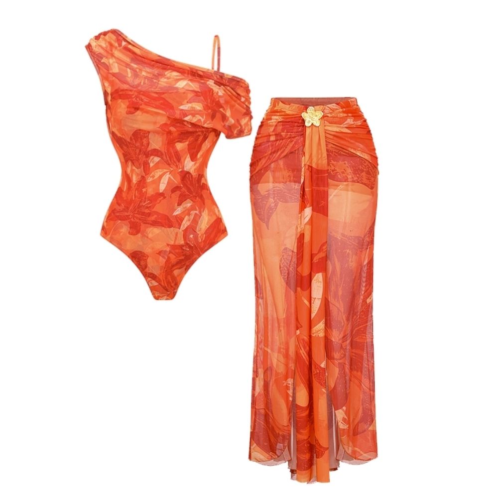 Orange Lily Print One Piece Swimsuit and Sarong (Multiple ways to wear)