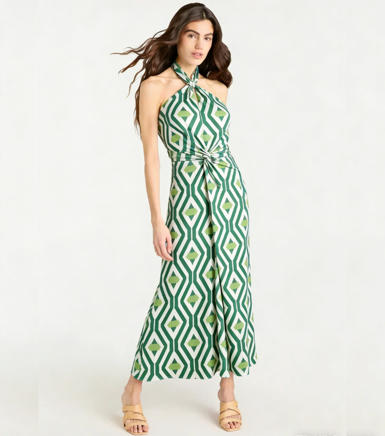 Geometric print halter neck dress