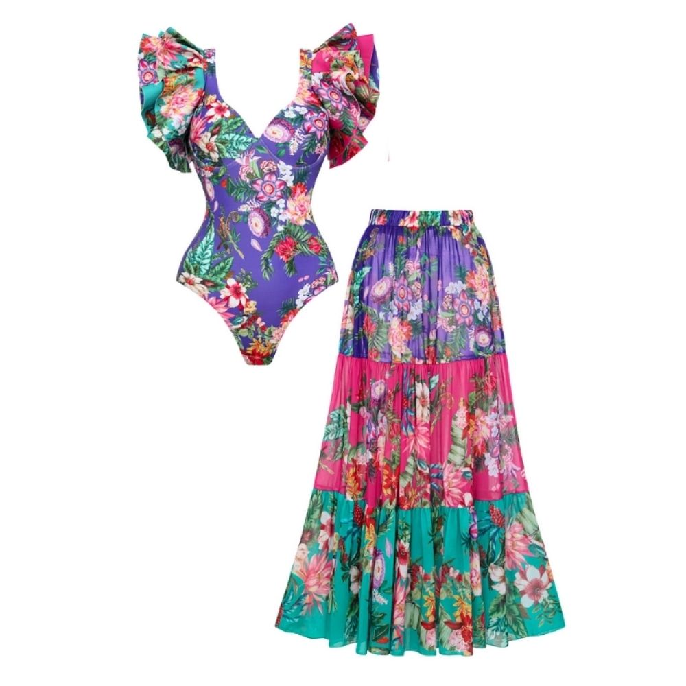 Ruffled Floral Print Underwired One Piece Swimsuit and Skirt