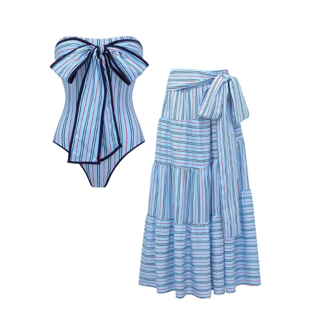 Multi-Way Striped Bow One Piece Swimsuit and Skirt