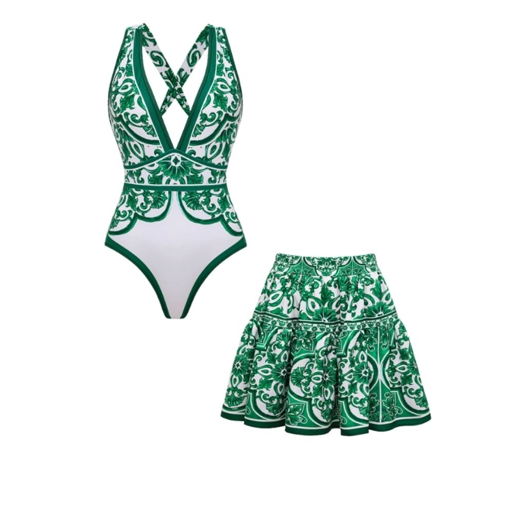 V Neck Classic Majolica Series Pattern Print One Piece Swimsuit and Pants or Skirt